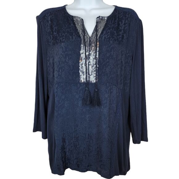 CHICO'S Size 0 Small Tassel Tie Sequin Embellished Boho Tunic Top - Picture 1 of 6